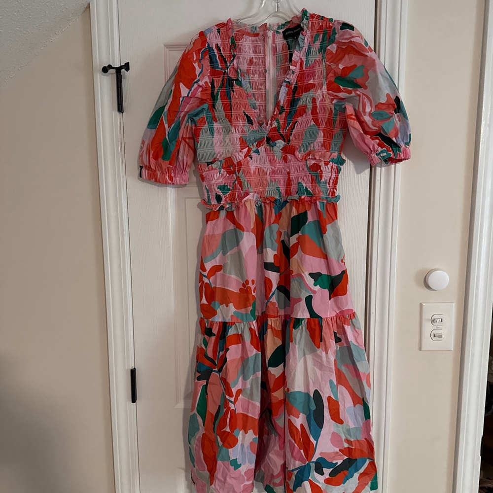 Women's JESSIE ZHAO Pink Green Floral Smocked Midi Dress Size 2